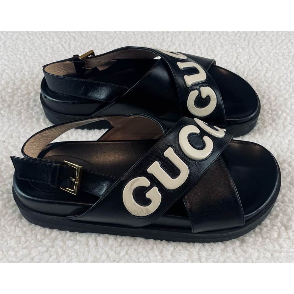 GUCCI • Black Ornella Logo Appliqué Crossover Leather Slingback Sandals, 8.5 - Picture 7 of 16